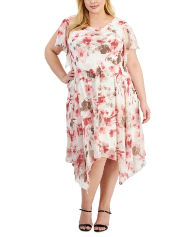 Robbie Bee Plus Size Floral Flutter-sleeve Hankie-hem Dress In Cream,rose