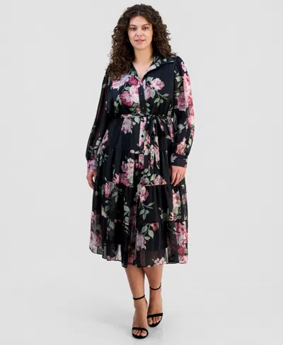Robbie Bee Plus Size Floral Jacquard Button-front Shirtdress In Black