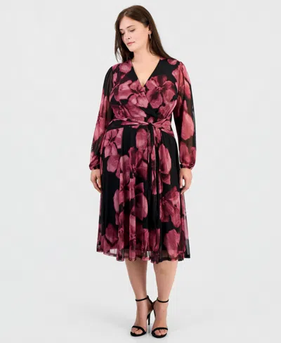 Robbie Bee Plus Size Floral Mesh Surplice Dress In Multi