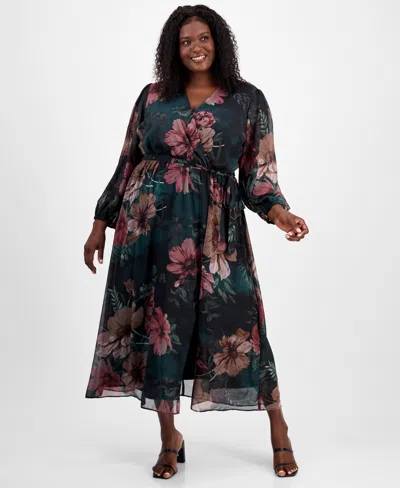 Robbie Bee Plus Size Floral-print Faux-wrap Dress In Black
