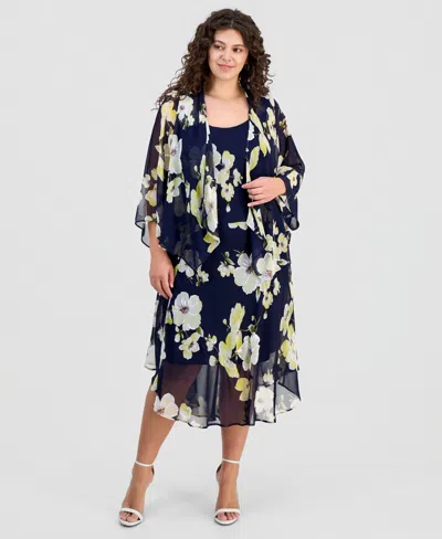 Robbie Bee Plus Size Floral Print Open-front Chiffon Jacket Dress In Blue