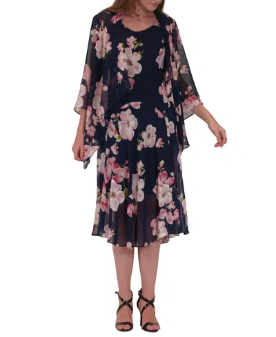 Robbie Bee Plus Size Floral Print Open-front Chiffon Jacket Dress In Multi