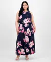 Robbie Bee Plus Size Floral-print Pleat-neck Jersey Dress In Navy Multi