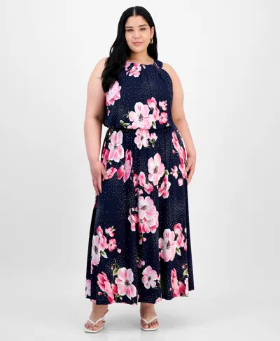 Robbie Bee Plus Size Floral-print Pleat-neck Jersey Dress In Navy Multi