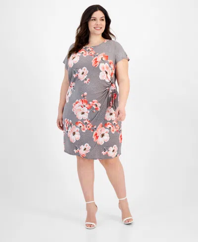 Robbie Bee Plus Size Floral-print Sarong Dress In Gray Coral