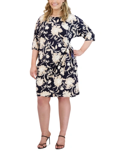 Robbie Bee Plus Size Floral Print Tied A-line Dress In Navy