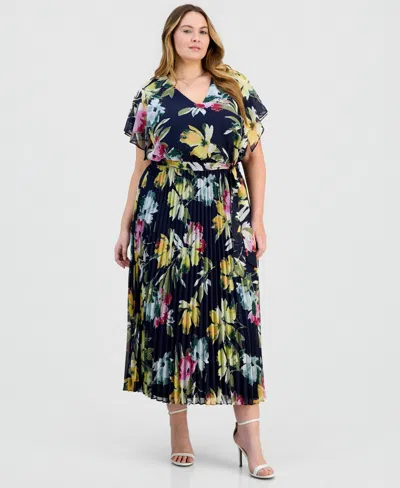 Robbie Bee Plus Size Flutter-sleeve Chiffon Dress In Blue