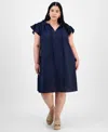 Robbie Bee Plus Size Flutter-sleeve Tie-neck Shift Dress In Navy