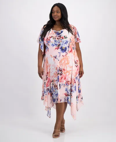 Robbie Bee Plus Size Flutter-sleeve Handkerchief-hem Midi Dress In Multi