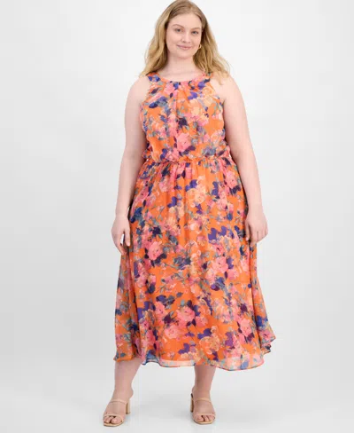 Robbie Bee Plus Size Halter-neck Chiffon Maxi Dress In Orange Pink