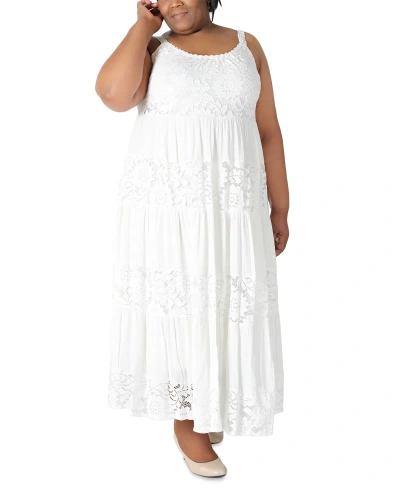 Robbie Bee Plus Size Lace Scoop-neck Tiered Midi Dress In White