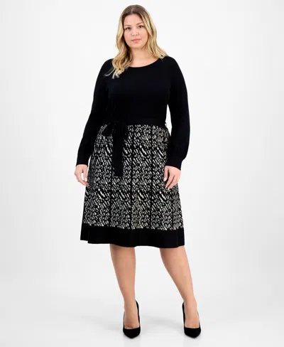 Robbie Bee Plus Size Long-sleeve Combo Skirt Sweater Dress In Black