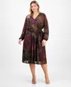 Robbie Bee Plus Size Long-sleeve Printed Mesh A-line Dress In Brown