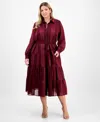 Robbie Bee Plus Size Long-sleeve Satin Stripe Shirtdress In Brown