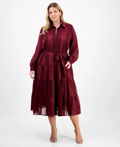 Robbie Bee Plus Size Long-sleeve Satin Stripe Shirtdress In Brown