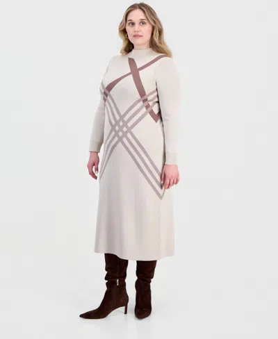 Robbie Bee Plus Size Long-sleeve Bodycon Geometric Sweater Dress In Tan.mocha