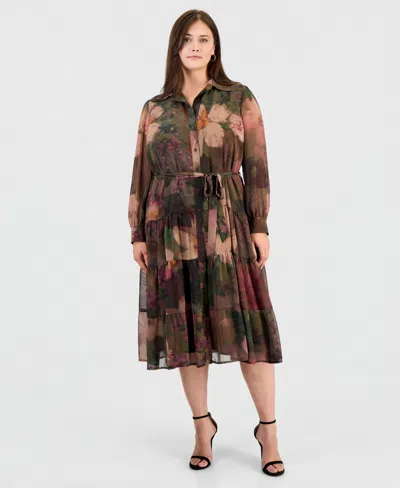 Robbie Bee Plus Size Long-sleeve Floral-print Tiered Shirt Dress In Multi