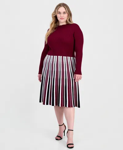 Robbie Bee Plus Size Mock-neck Long-sleeve A-line Midi Dress In Wine.black.wht