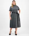 Robbie Bee Plus Size Plus Size Mock Neck Short-sleeve Boucle Midi Dress In Gray