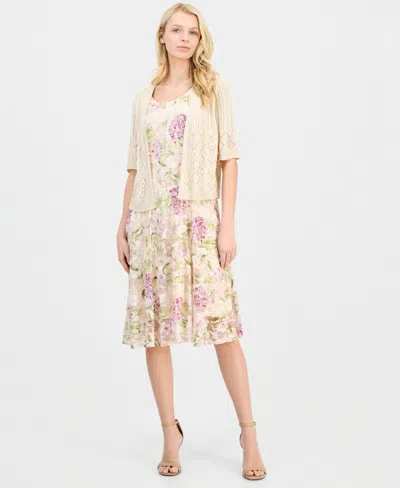 Robbie Bee Plus Size Pointelle Shrug And Printed Lace Dress Set In Ivory Lilac