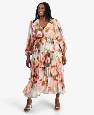 Robbie Bee Plus Size Printed Balloon-sleeve Tiered Dress
