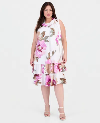 Robbie Bee Plus Size Printed Bow-neck Chiffon Trapeze Dress In White