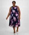 Robbie Bee Plus Size Printed Chiffon Halter Midi Dress In Navy Orchid