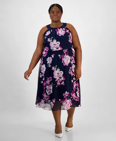 Robbie Bee Plus Size Printed Chiffon Halter Midi Dress In Navy Orchid