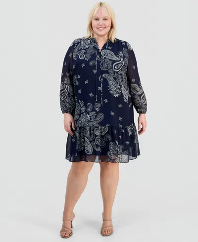 Robbie Bee Plus Size Printed Chiffon Tie-neck Tiered Dress In Multi