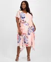 Robbie Bee Plus Size Printed Cowl-neck Flutter-sleeve Dress In Peach
