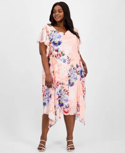 Robbie Bee Plus Size Printed Cowl-neck Flutter-sleeve Dress In Peach