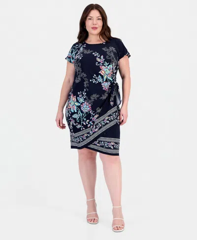 Robbie Bee Plus Size Printed Faux-sarong Short-sleeve Dress In Navy