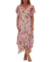 Robbie Bee Plus Size Printed Flutter-sleeve Midi Dress In White Multi