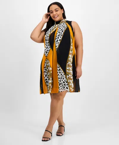 Robbie Bee Plus Size Printed Mock-neck Sleeveless Shift Dress