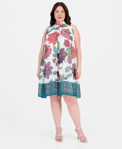 Robbie Bee Plus Size Printed Mock-neck Sleeveless Dress In Ivory Turquoise