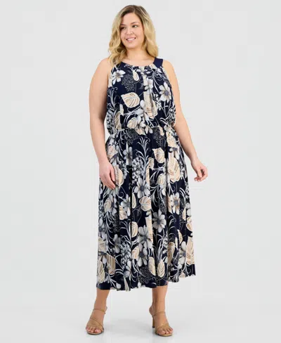Robbie Bee Plus Size Printed Pleat-neck Sleeveless Dress In Blue