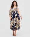 Robbie Bee Plus Size Printed Round-neck Midi Mesh Dress In Multi