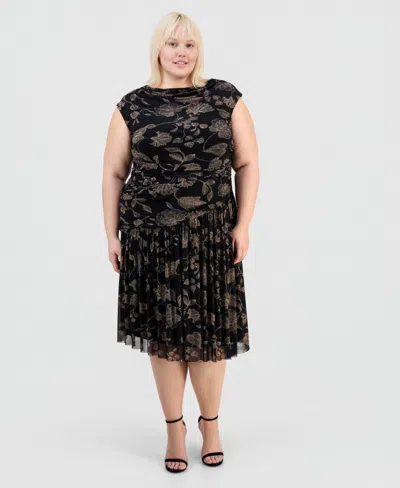 Robbie Bee Plus Size Printed Side-ruched Midi Dress In Black