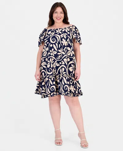 Robbie Bee Plus Size Printed Square-neck Shift Dress In Black