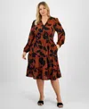 Robbie Bee Plus Size Printed Tie-waist Tiered Long-sleeve Dress In Multi