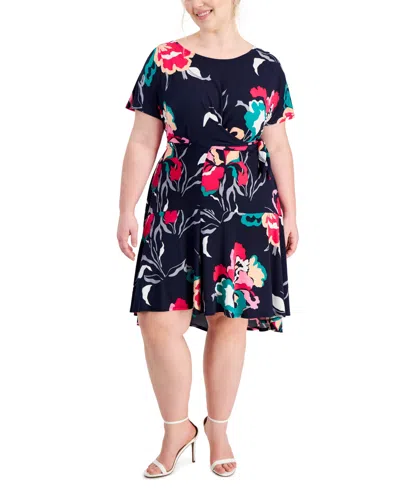 Robbie Bee Plus Size Printed Tied-side Fit & Flare Dress In Navy,pink