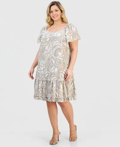 Robbie Bee Plus Size Printed Tiered Shift Dress In Gray