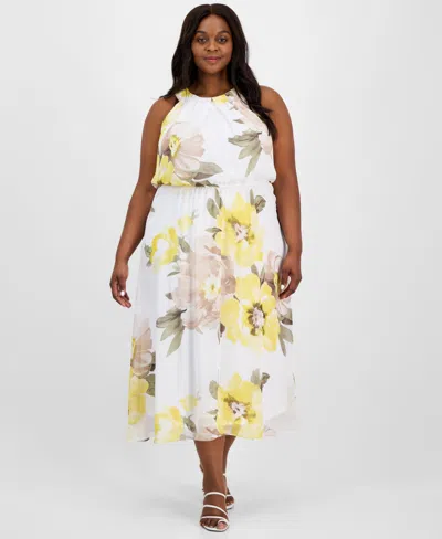 Robbie Bee Plus Size Printed U-neck Sleeveless Dress In Ivory Yellow