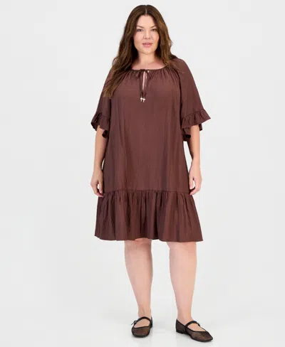 Robbie Bee Plus Size Ruffle-hem Bell-sleeve Split-neck Dress In Brown