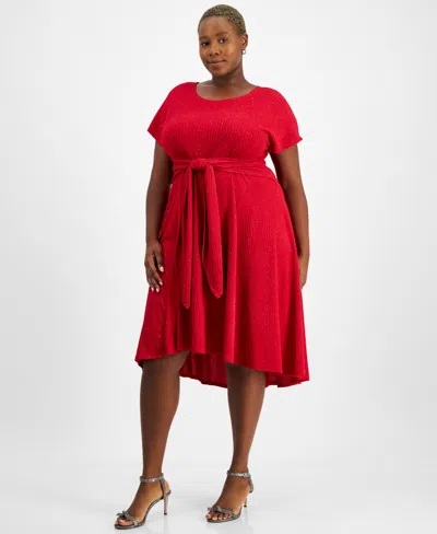 Robbie Bee Plus Size Tie-front Glitter Knit Dress In Red