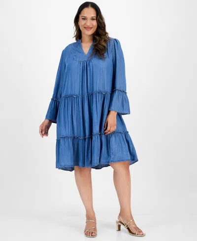 Robbie Bee Plus Size Tiered Denim Shift Dress In Blue