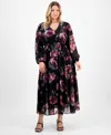 Robbie Bee Plus Size V-neck Printed Chiffon Long-sleeve Maxi Dress In Multi