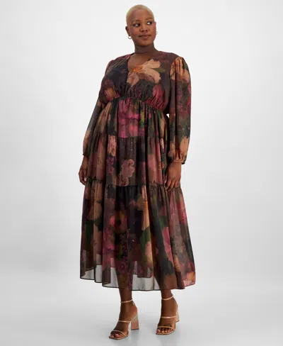 Robbie Bee Plus Size V-neck Tiered Maxi Dress In Brown Multi