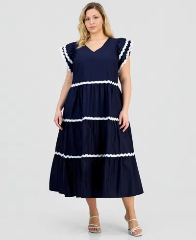 Robbie Bee Plus Size V-neck Flutter-sleeve Dress In Blue