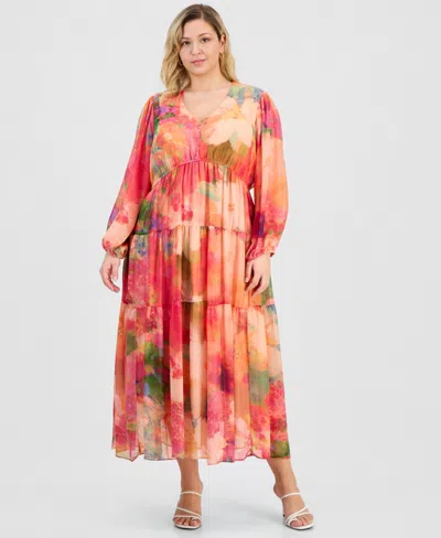 Robbie Bee Plus Size V-neck Tiered Maxi Dress In Multi